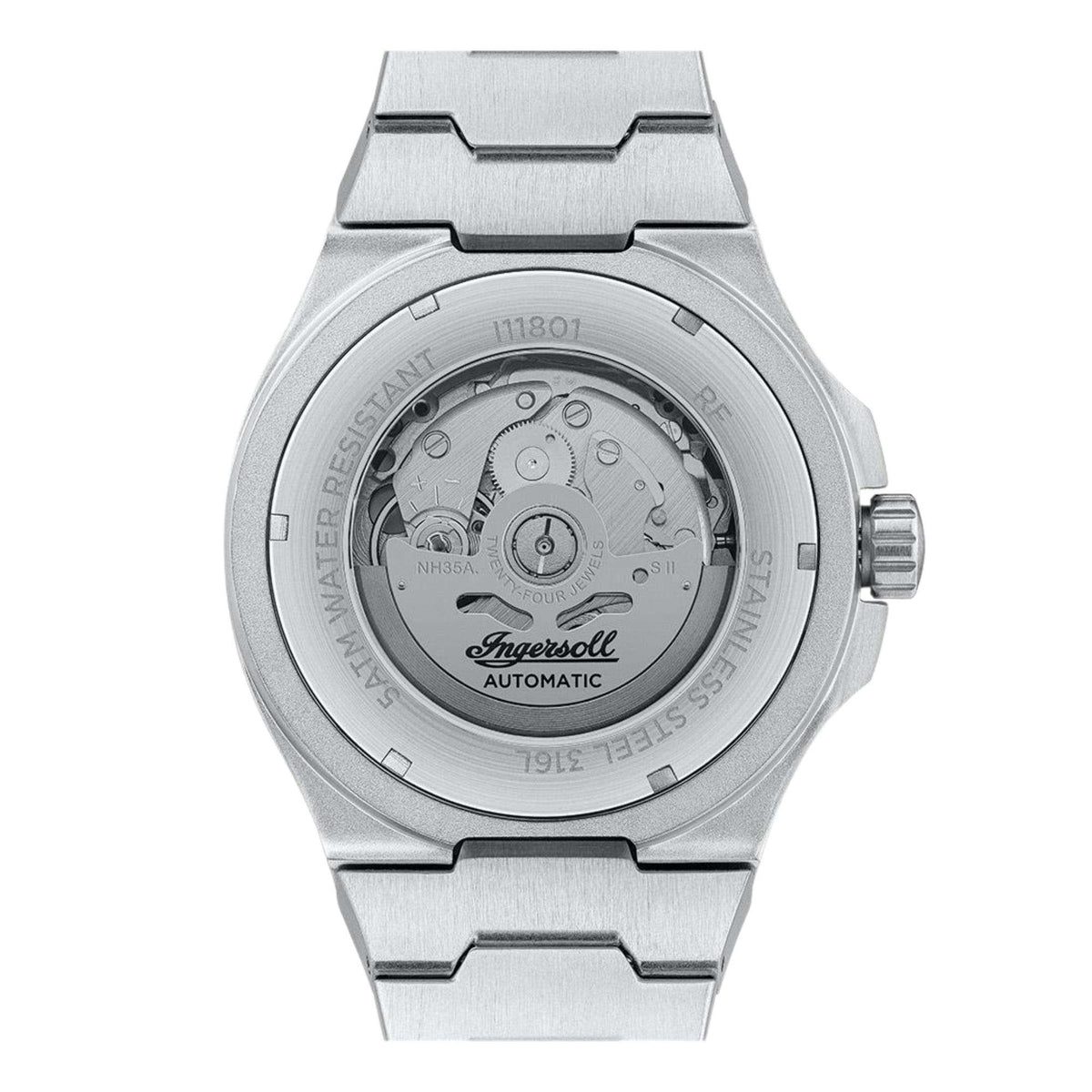 Men's stainless steel automatic watch caseback with visible movement