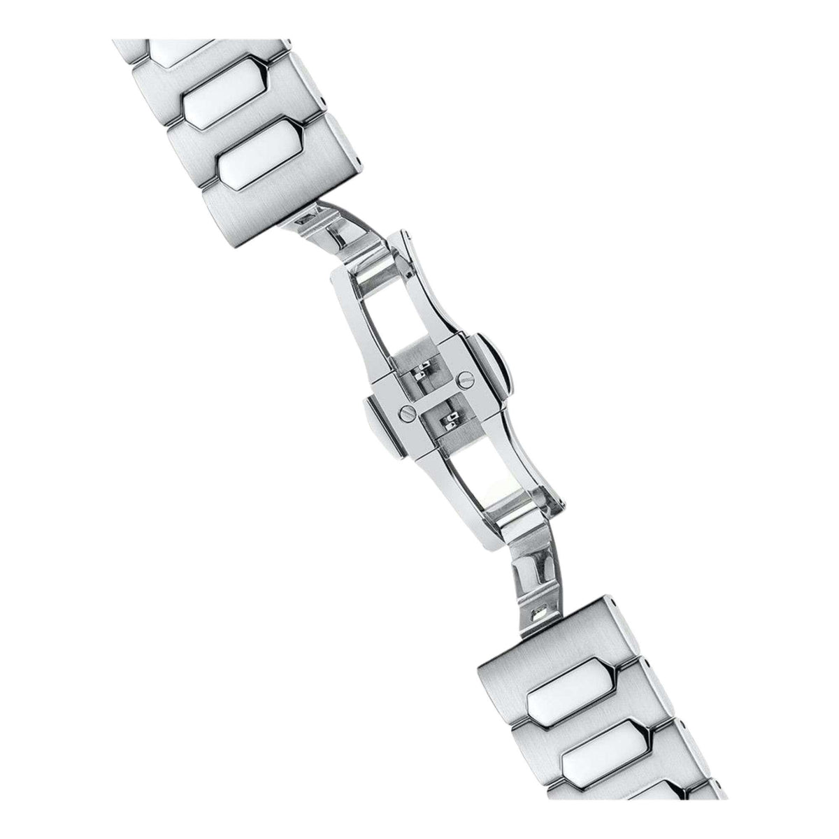 Stainless steel watch bracelet links and clasp hinge detail