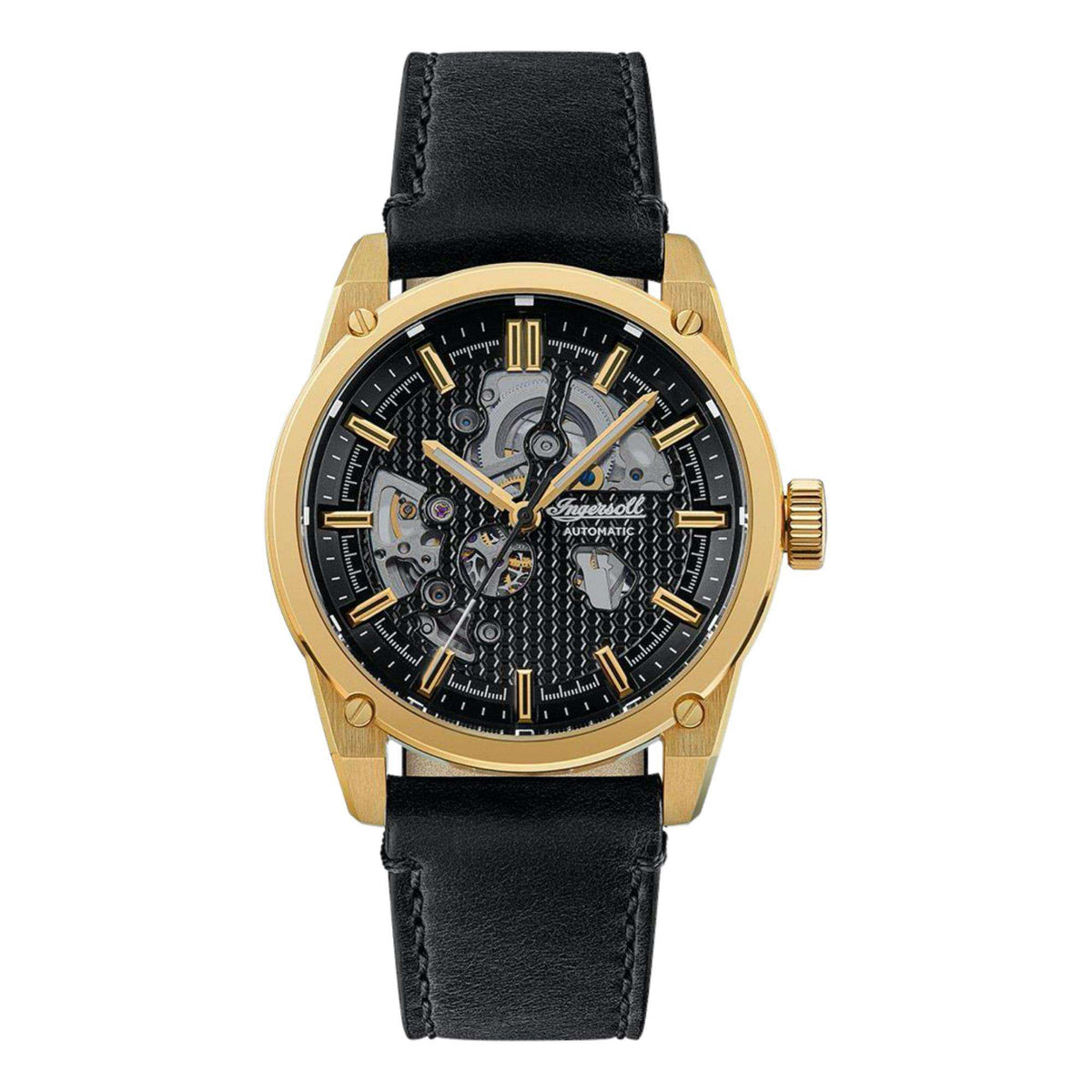 Men's automatic watch with black leather strap, gold-tone round case, black skeleton dial