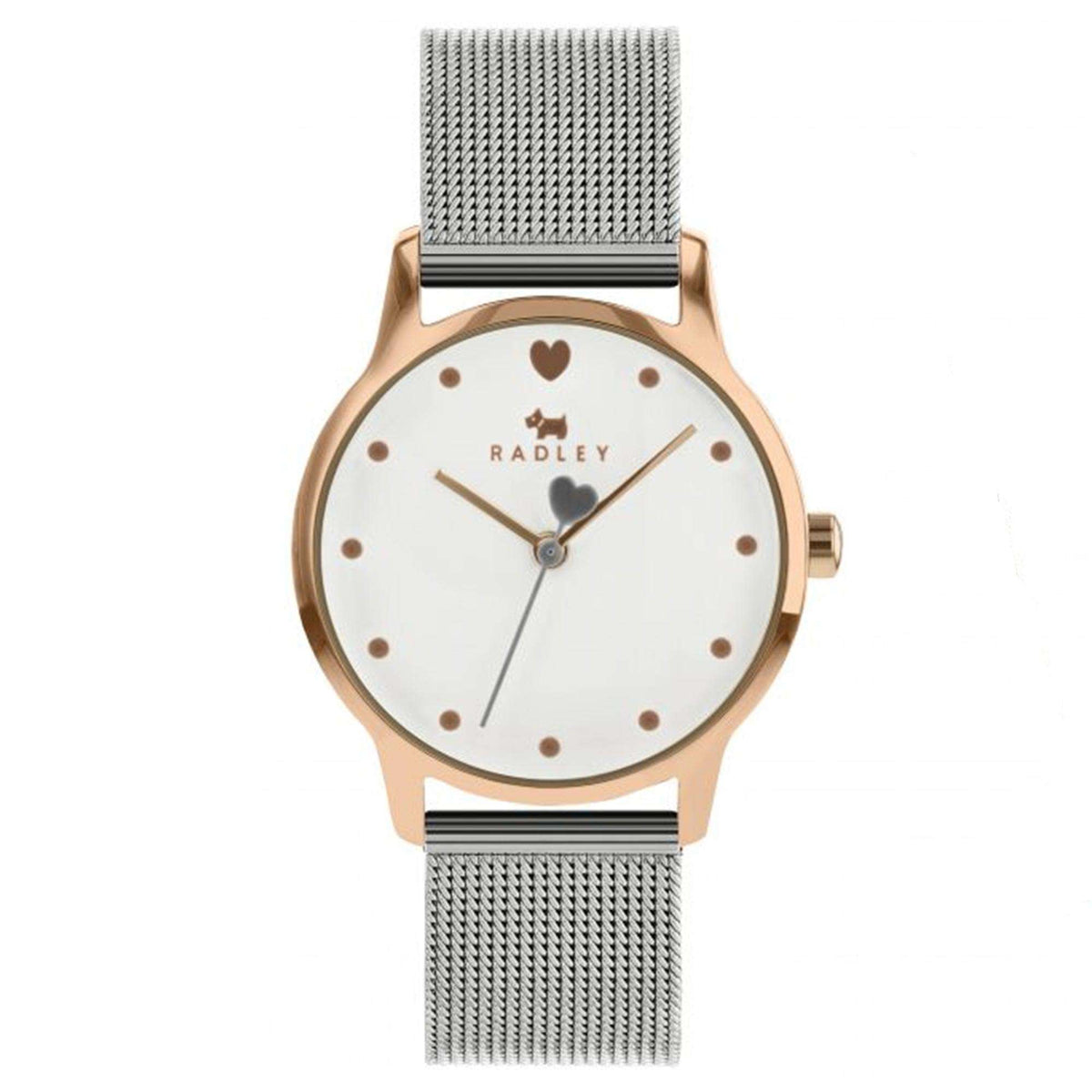 Ladies quartz wristwatch with white dial, rose-gold case, silver Milanese strap