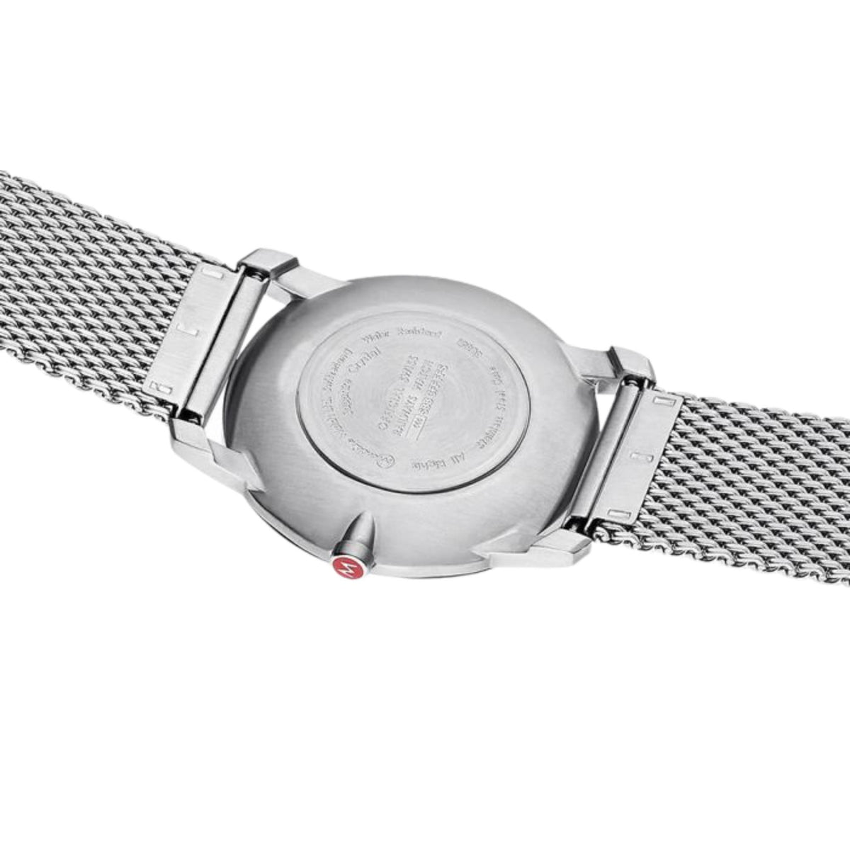 Mondaine Simply Elegant A400.30351.16SBZ Swiss-made watch case back view with engraved details and quick-release strap lugs