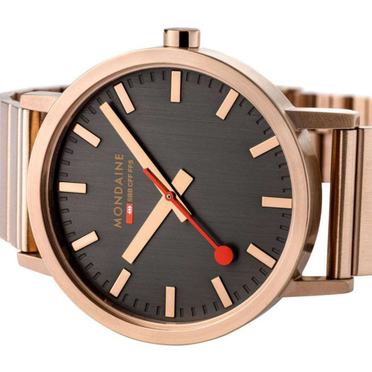 Mondaine Classic 36mm quartz watch close-up, black dial with rose gold markers and red seconds