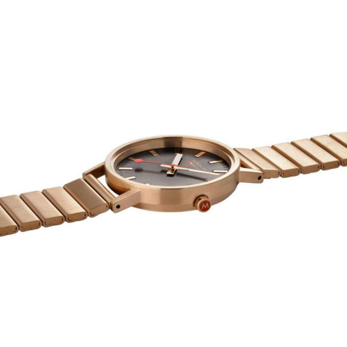 Mondaine Classic 36mm quartz watch on rose gold-tone steel bracelet, side profile view
