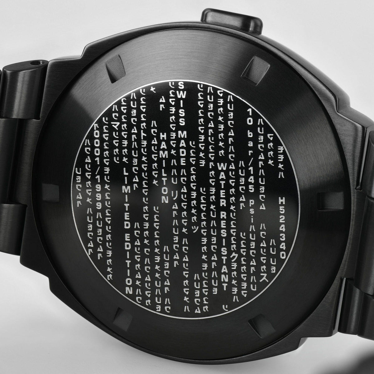 Hamilton men's watch case back with engraved world-time style markings, black steel
