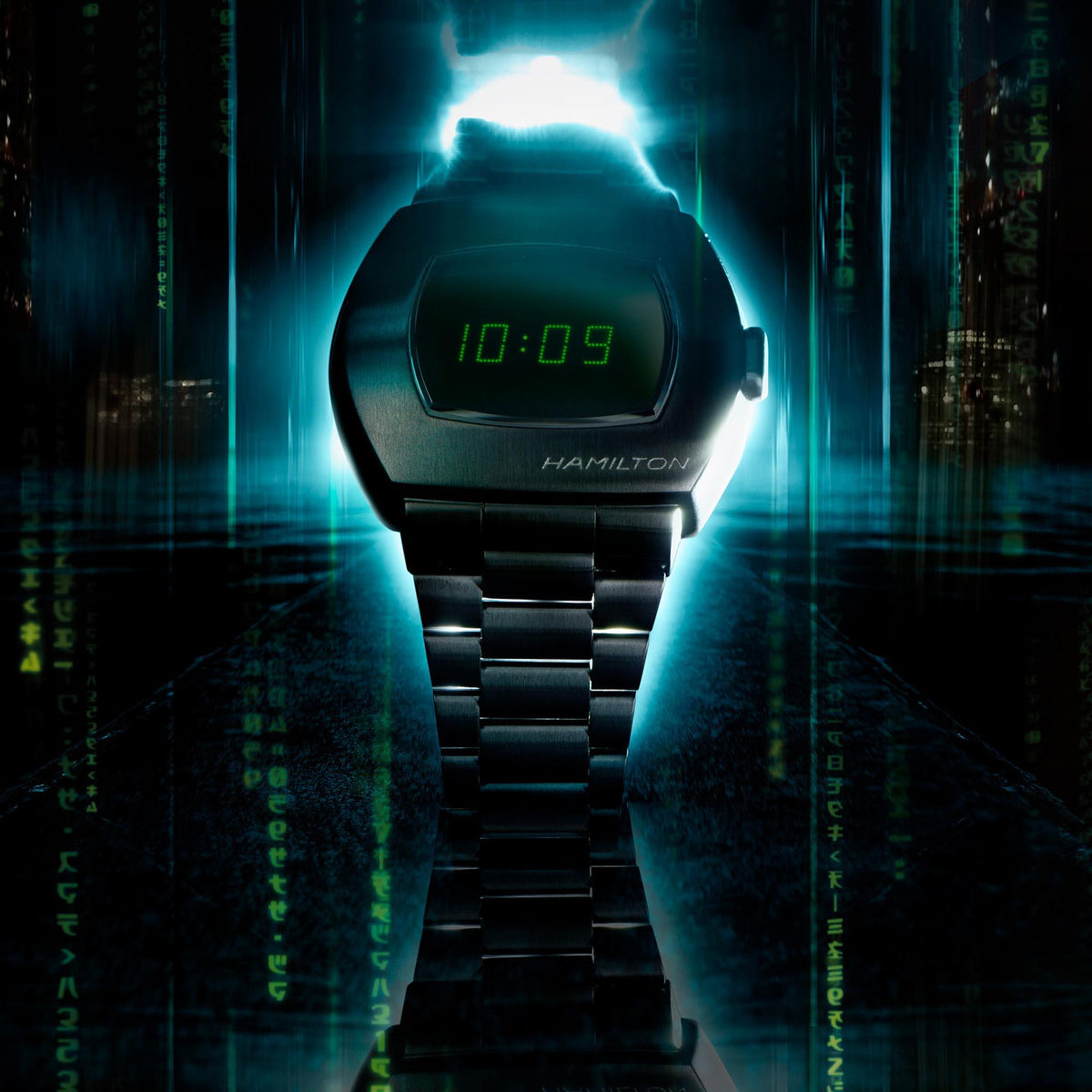 Mens black digital quartz watch with green LED time and steel link bracelet