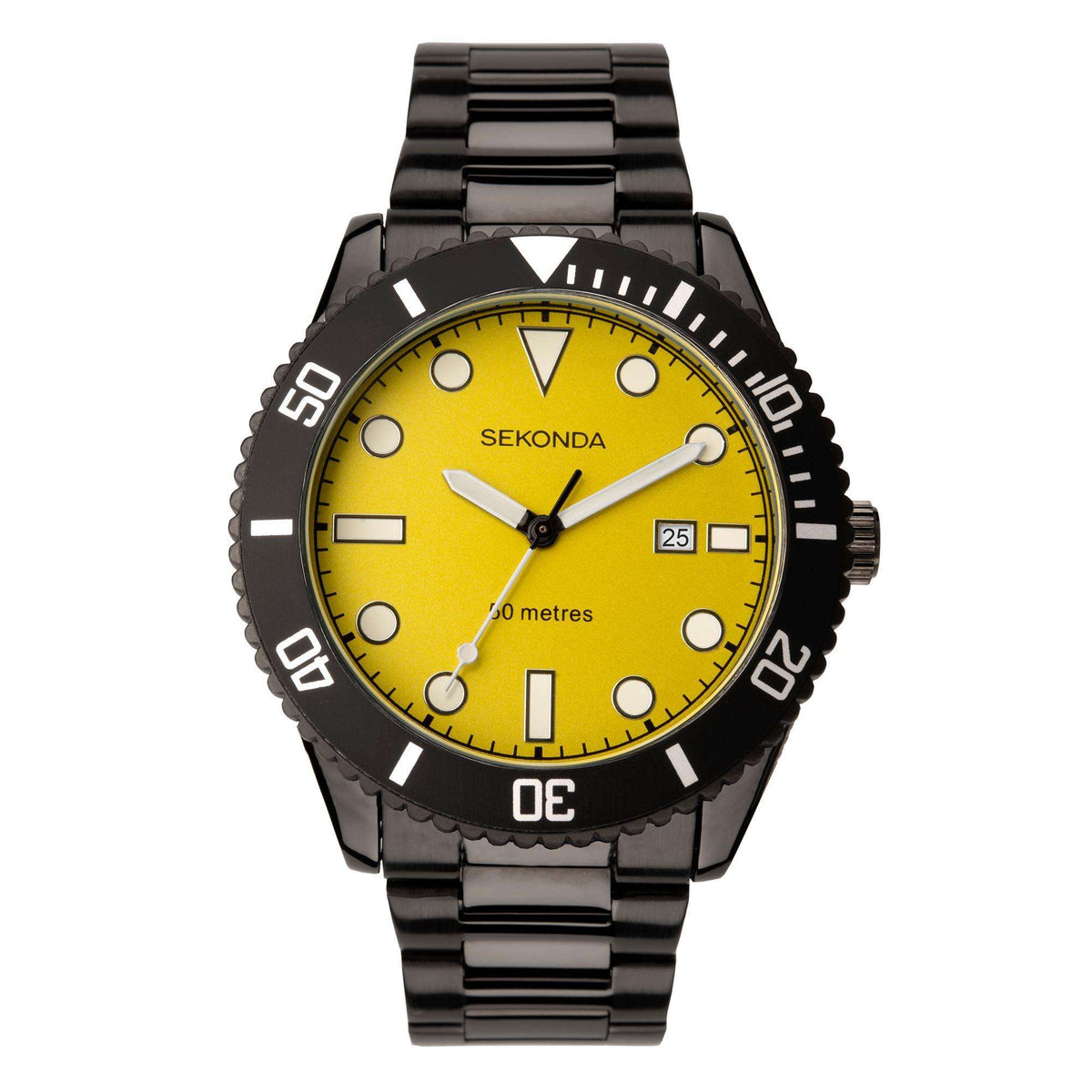 Men's dive-style watch with yellow dial, black bezel, and black IP steel bracelet