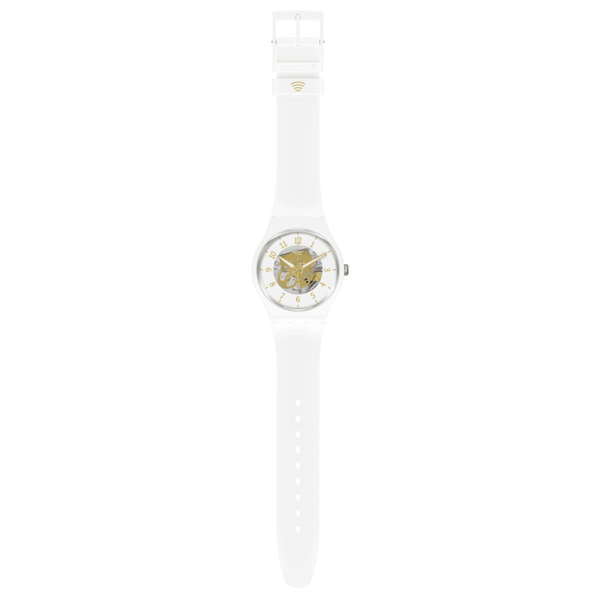 White silicone quartz watch on full-length strap, round silver case with side crown