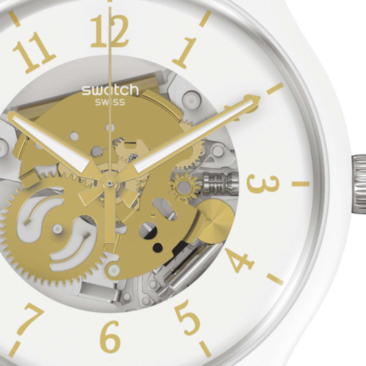 Close-up quartz watch dial with gold-tone gears, gold hour markers, silver bezel