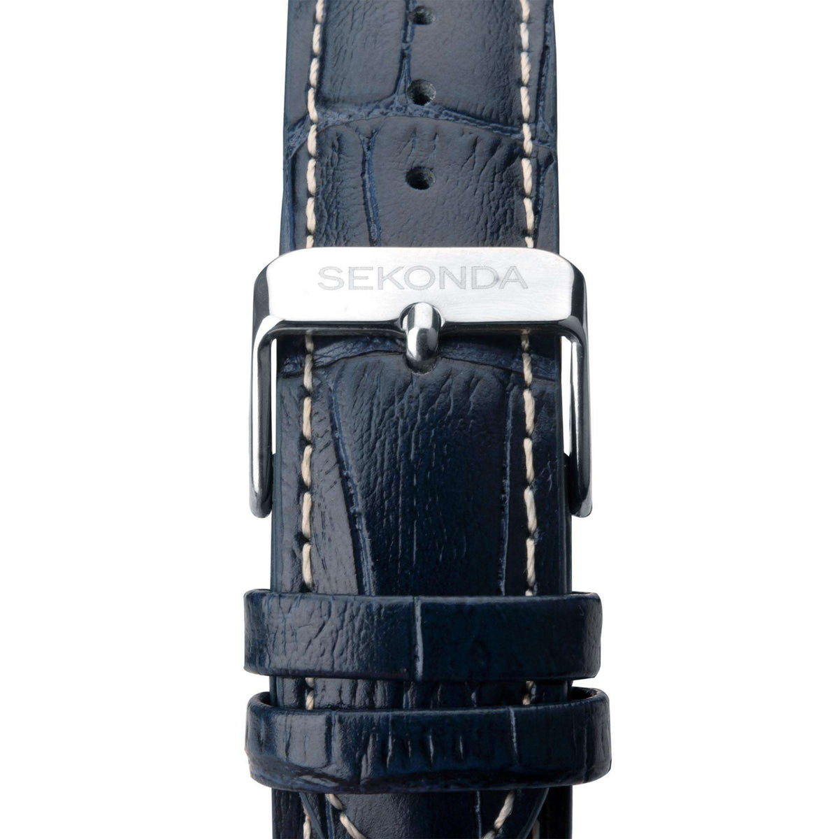 Blue leather watch strap and silver buckle, men’s quartz watch case back view