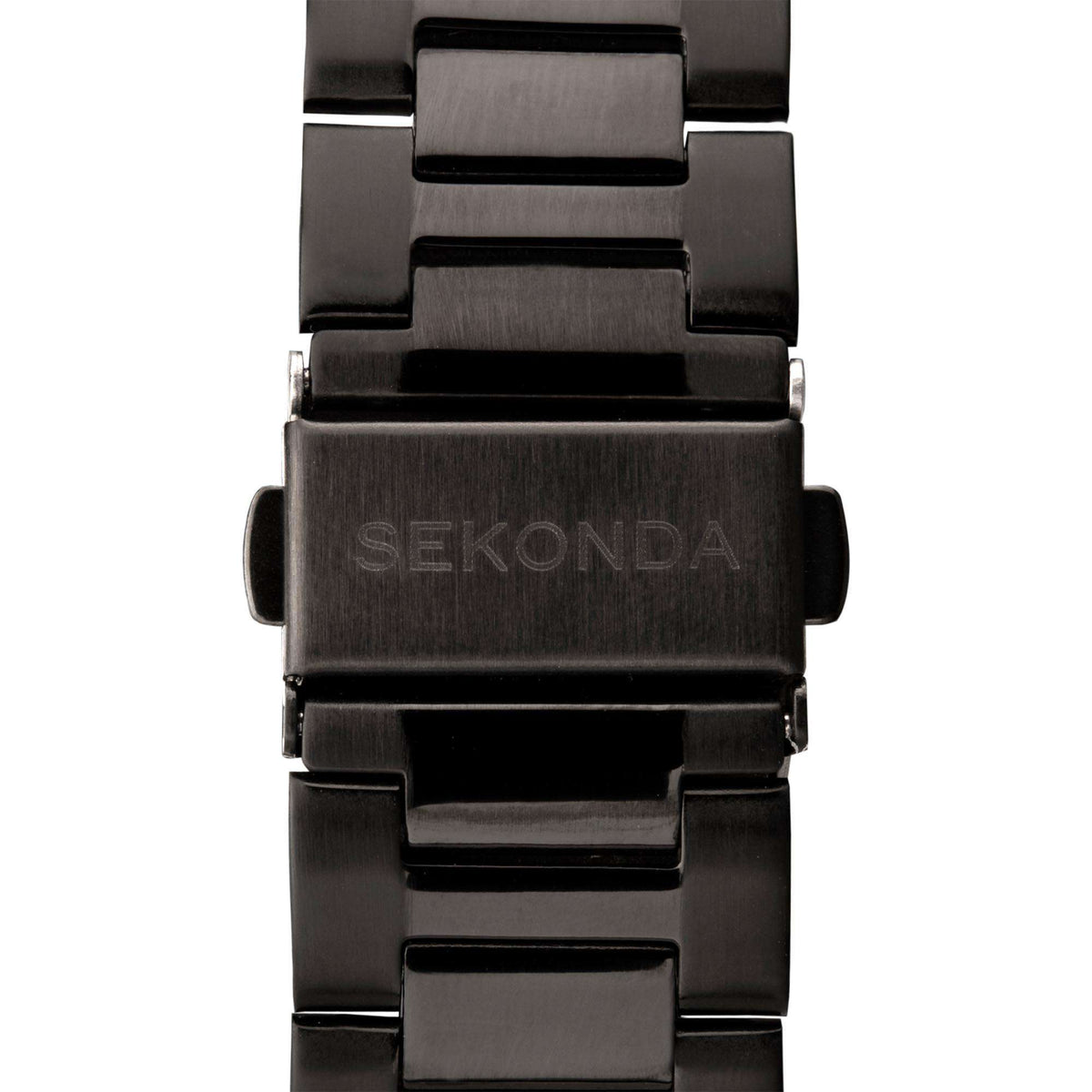 Black stainless steel bracelet links with SECONDA-marked clasp area
