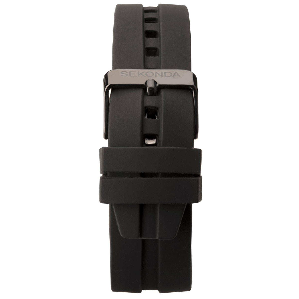 Men's black rubber watch strap with buckle underside, sport dive case