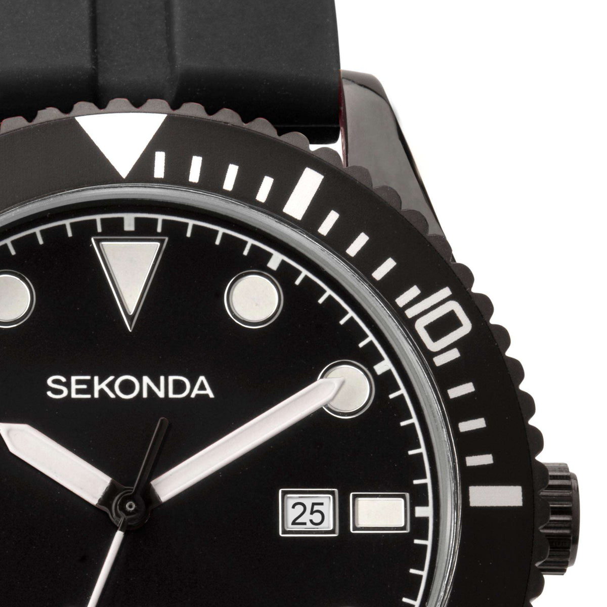 Sekonda dive watch dial with black bezel, white markers, date window at 25