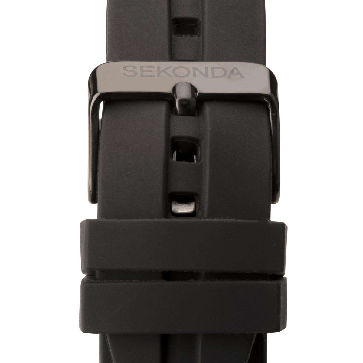 Men's black rubber watch strap with clasp and buckle detail at top