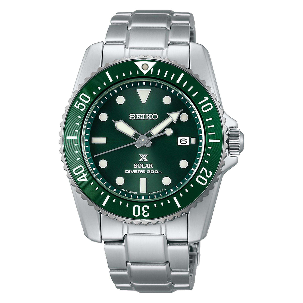 Men's Seiko diver watch with green dial, stainless steel bracelet, and bezel