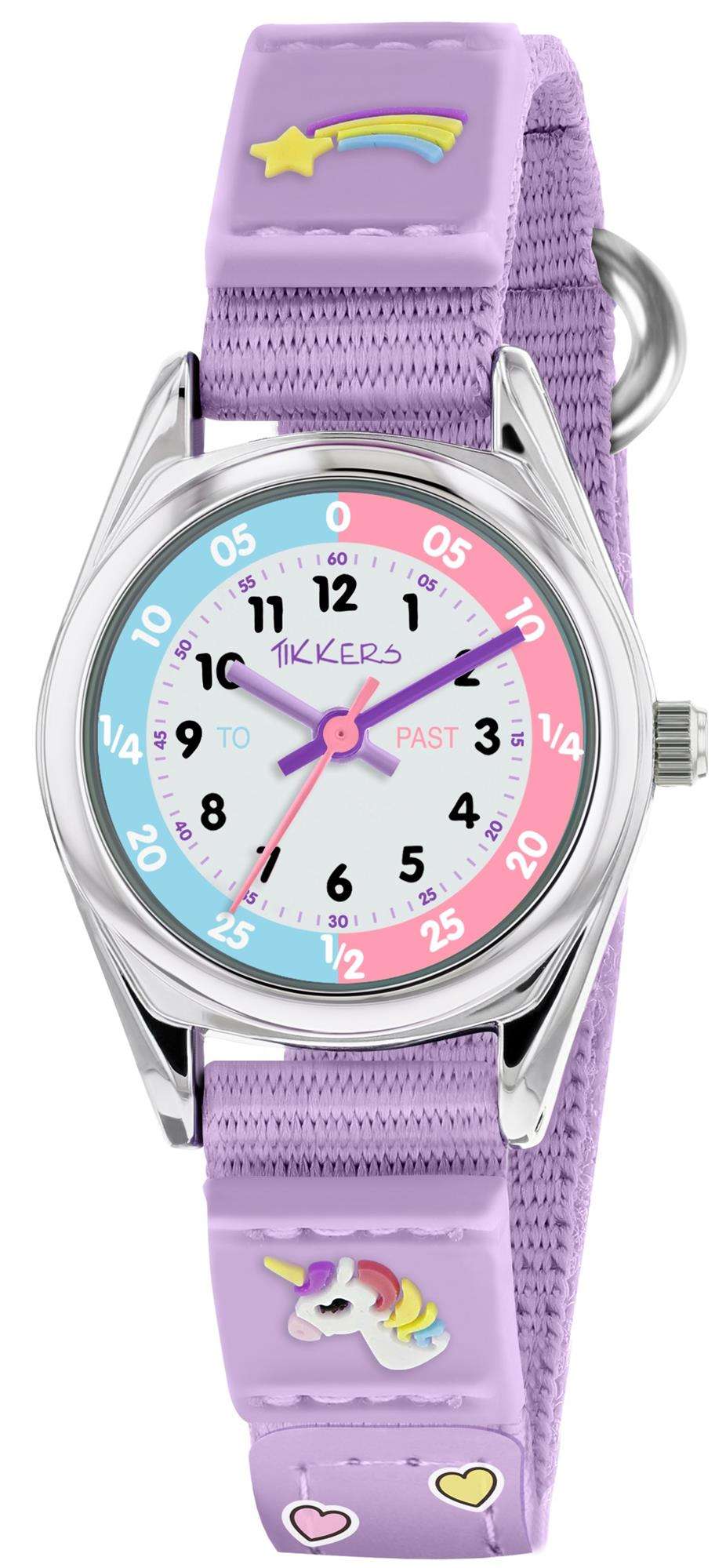 Girls quartz wristwatch with lilac strap, white dial, rainbow and unicorn motifs.