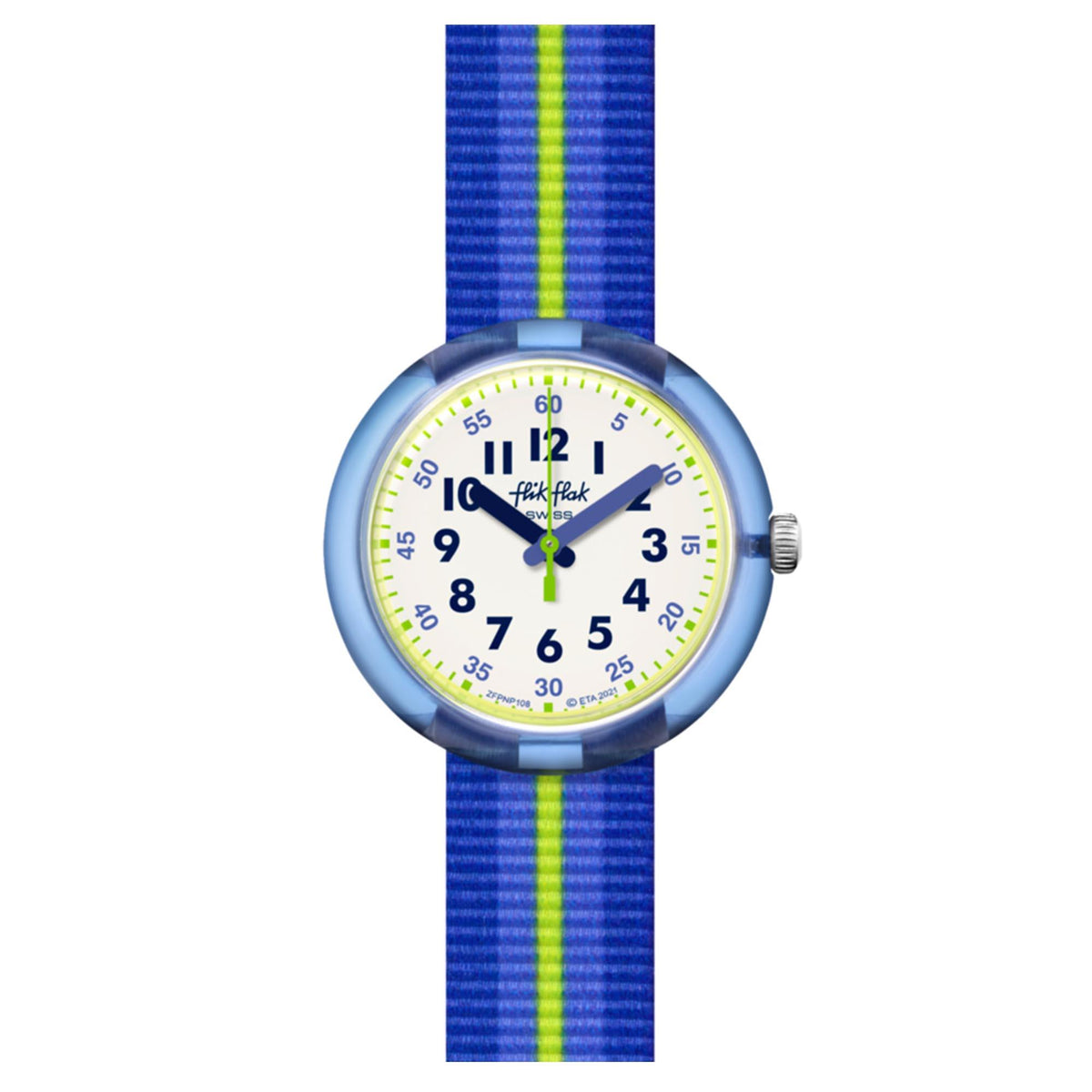Boys' wristwatch with blue dial and blue striped fabric strap with green accents