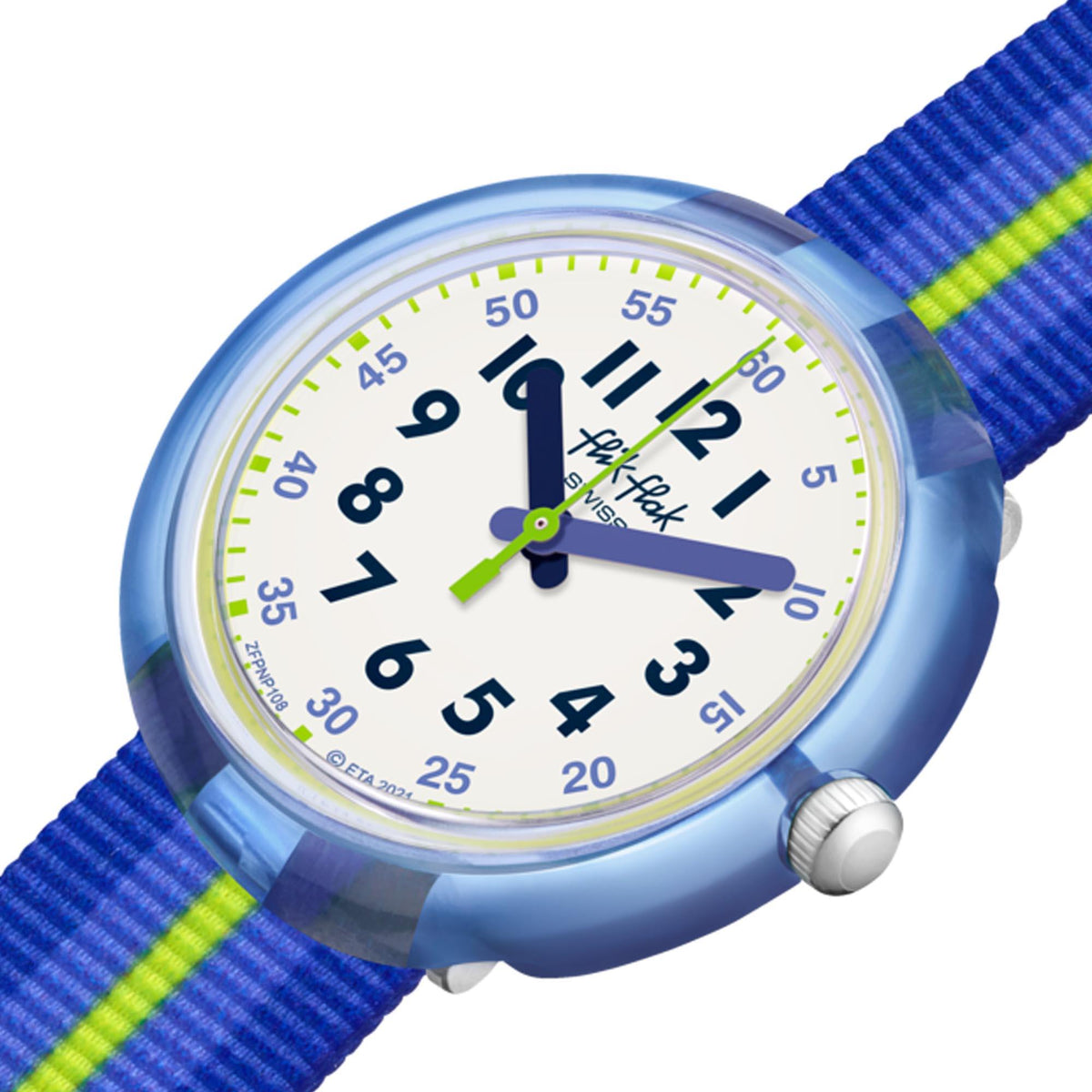 Boys' Flik Flak wristwatch close-up of blue dial, green hands, and blue striped strap