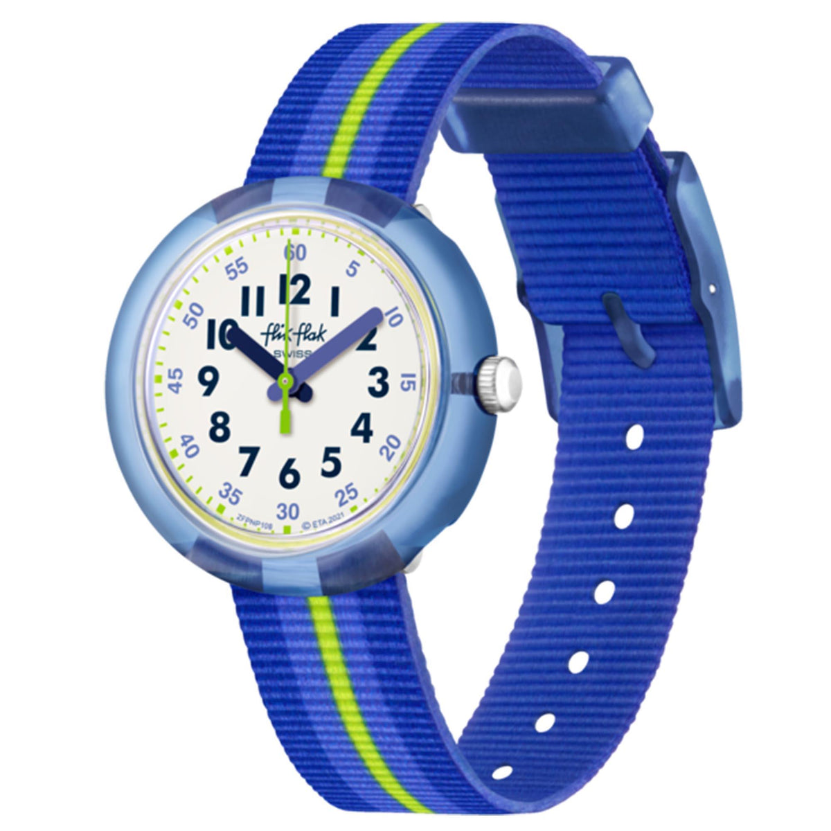 Boys' Flik Flak wristwatch side view with blue case and blue striped fabric band