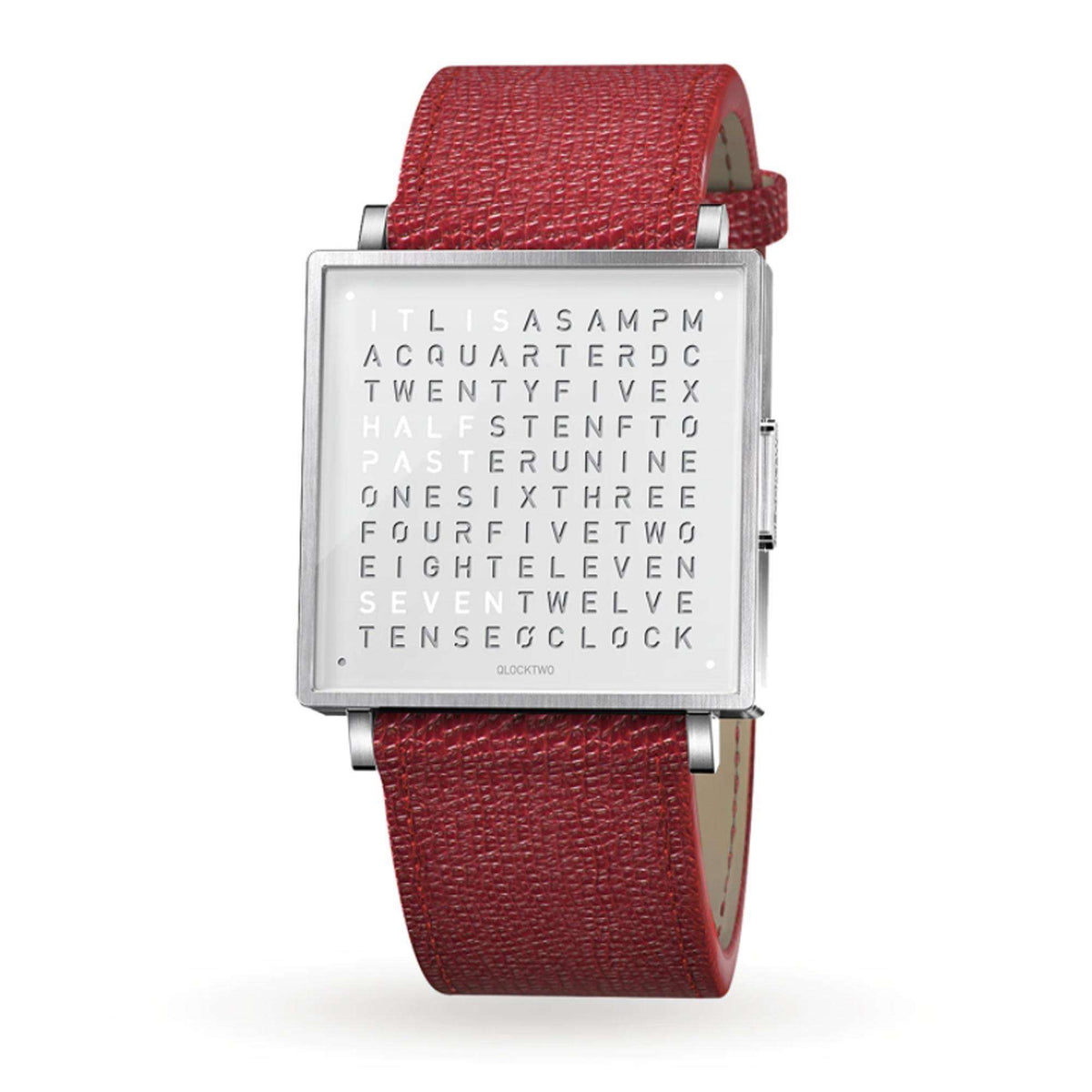 Qlocktwo watch with white dial, red leather-look strap, rectangular case