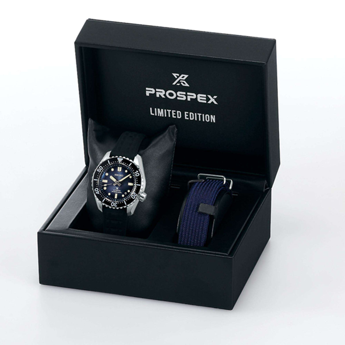 Seiko Prospex limited edition watch in box, showing blue dial and black strap