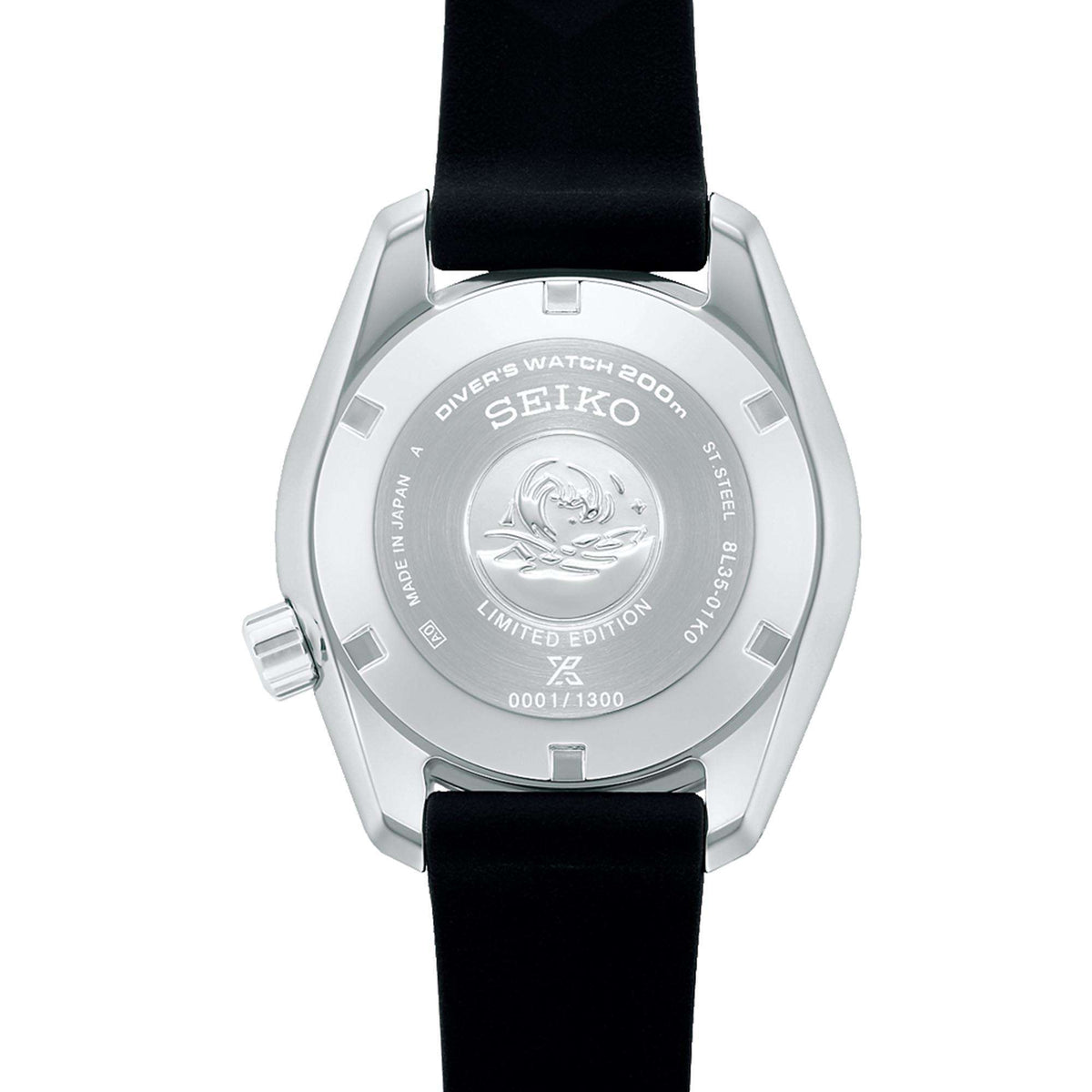 Back of a men's Seiko limited edition dive watch with engraved case and black strap