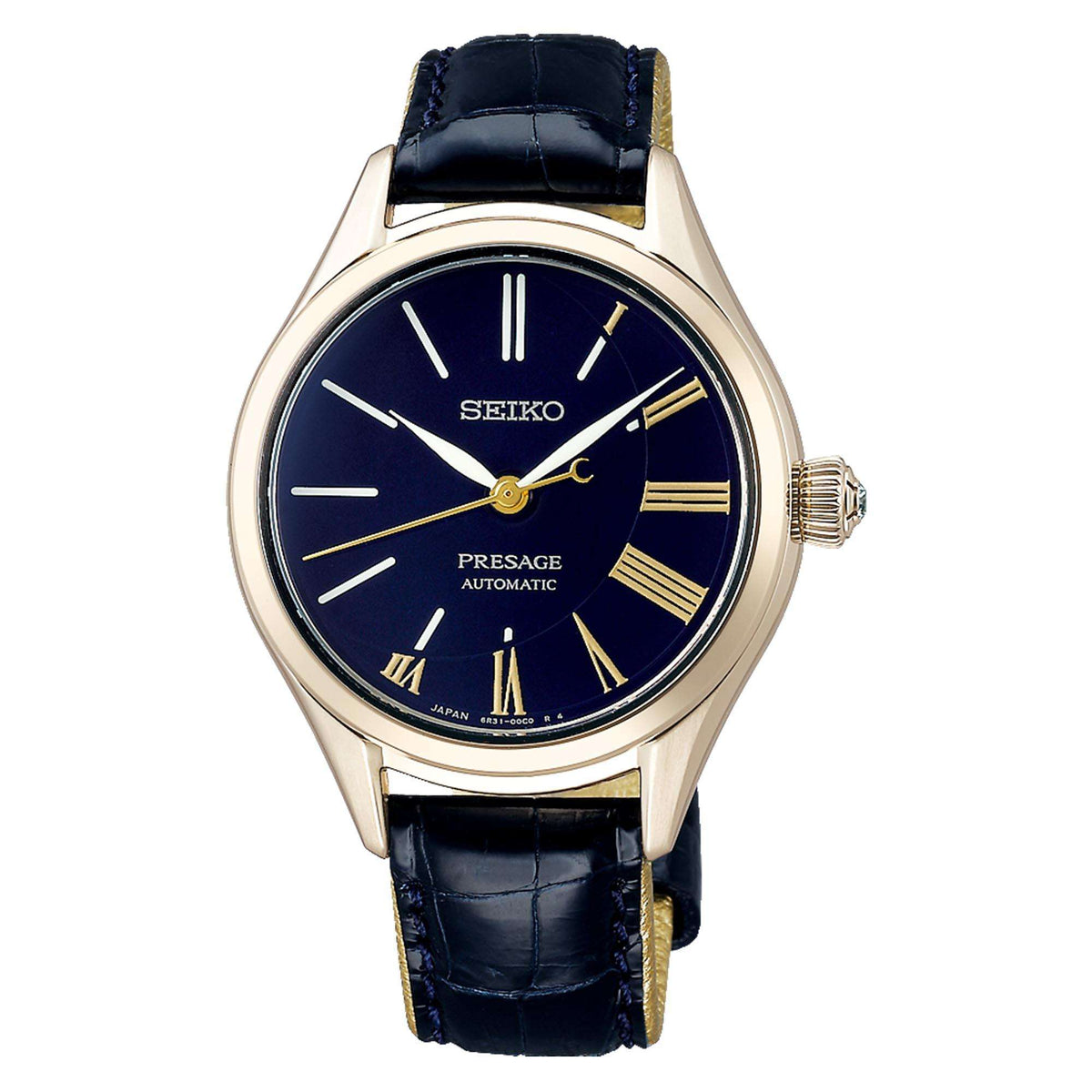 Ladies Seiko Presage automatic watch with blue dial, gold markers, and dark leather strap