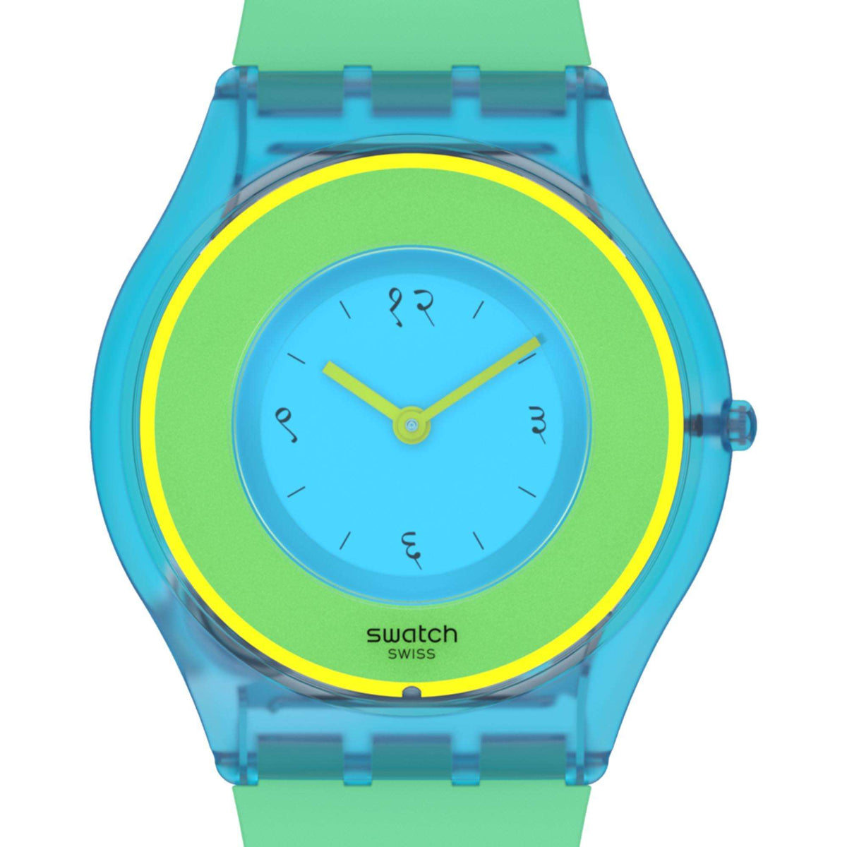 Unisex quartz watch close-up: blue dial, yellow bezel, lime hands, green outer ring