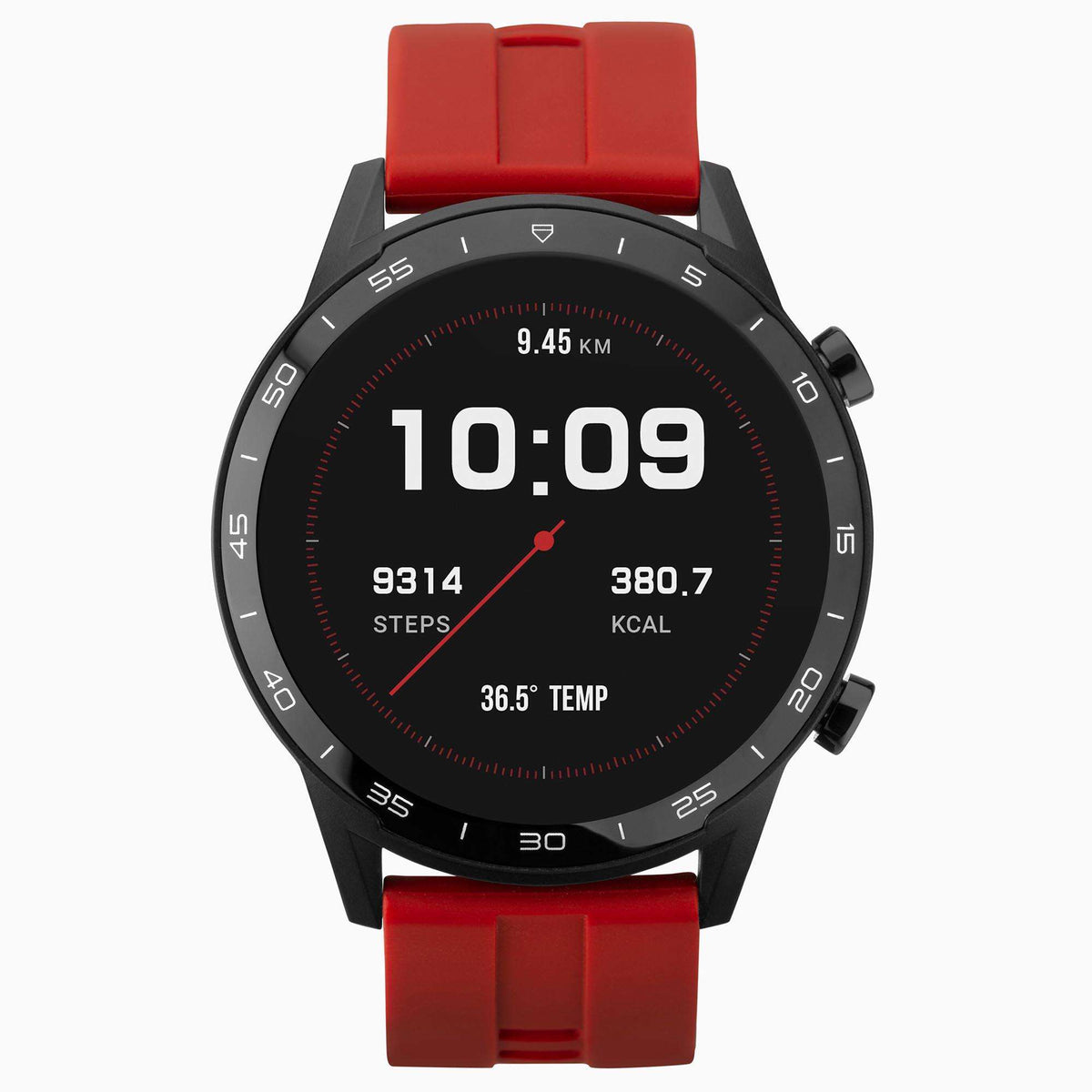 Men’s interactive smart watch with black case and red silicone strap, round face showing 10:09