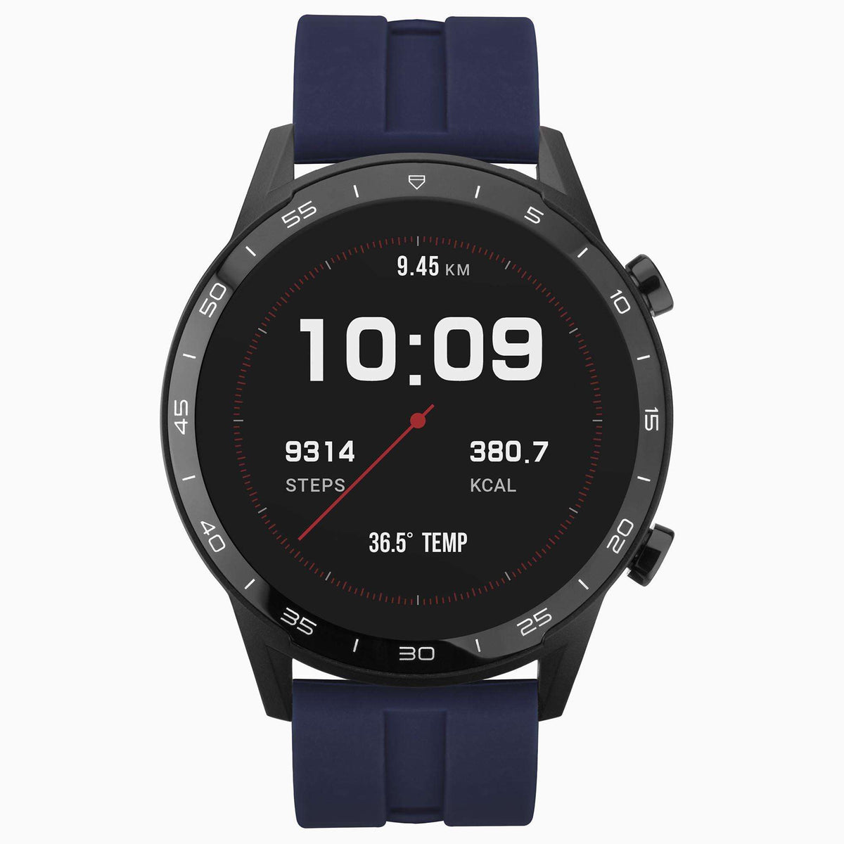 Men's smart watch with dark blue silicone strap and black interactive dial display