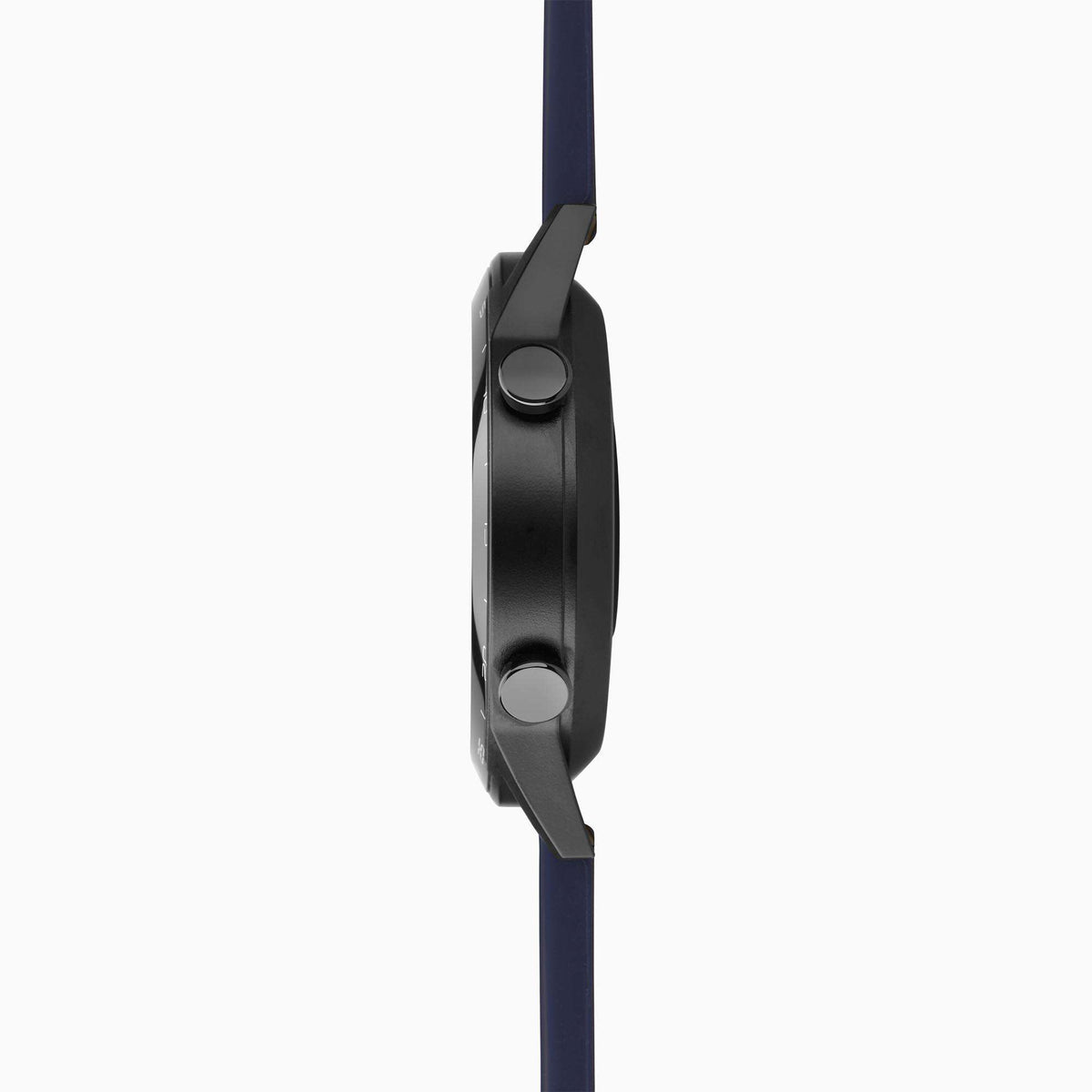 Smart watch side profile with black case and dark blue silicone strap