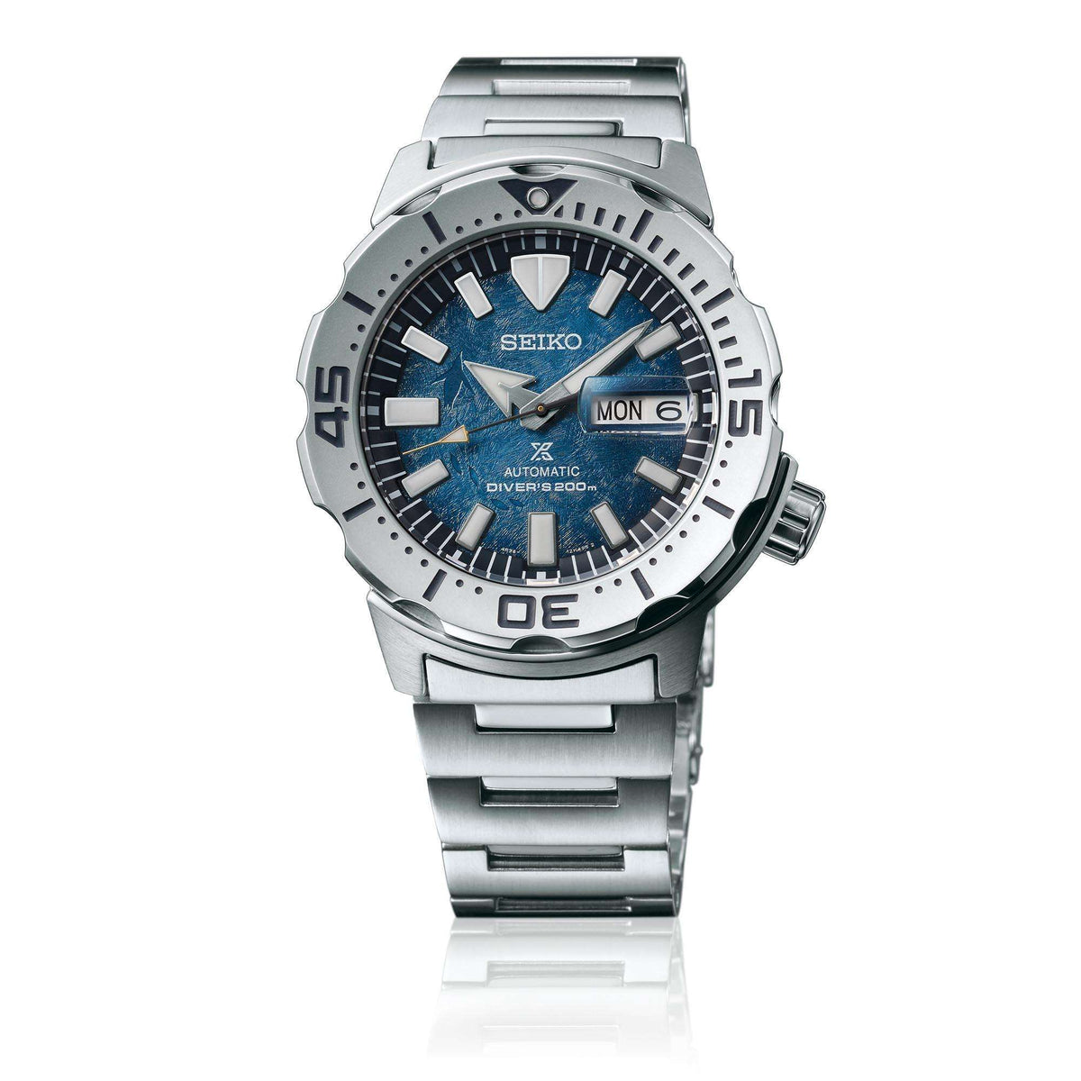 Men's stainless diver watch with blue dial, day-date window, and rotating bezel