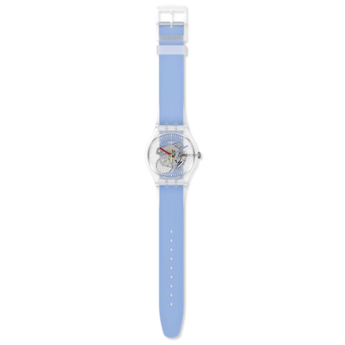 Swatch quartz transparent dial watch with blue silicone strap, side view