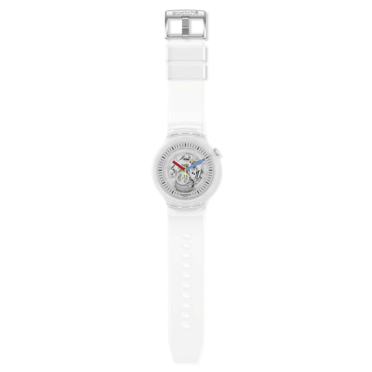 Transparent-strap skeleton watch with silver case and colored dial gears