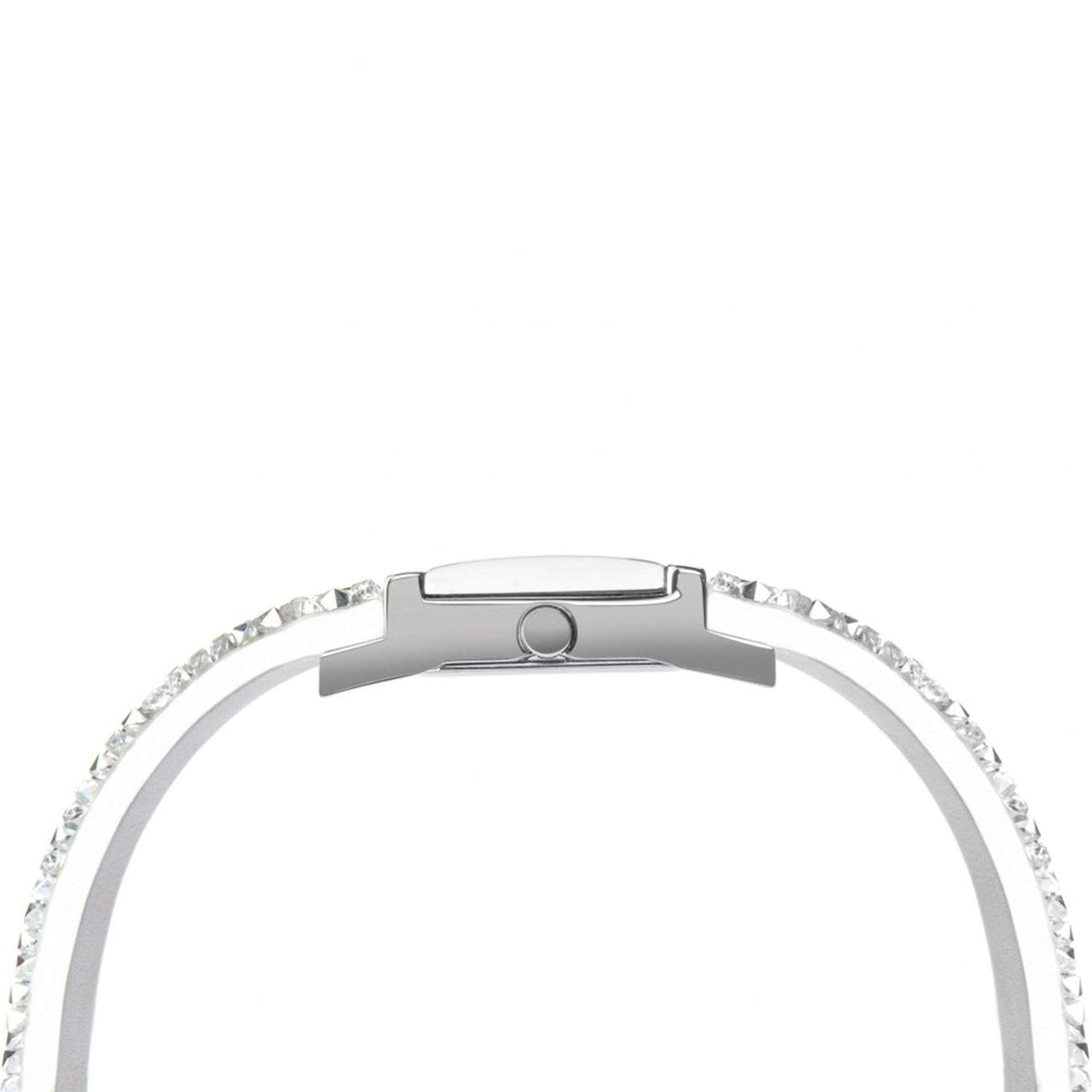 Ladies silver watch clasp close-up with top cover and small circular loop detail