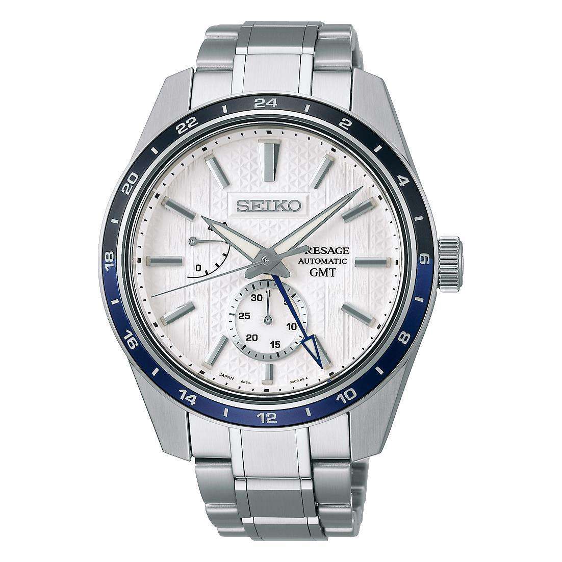 Seiko GMT wristwatch on metal bracelet, white dial with GMT subdial and blue accent hands