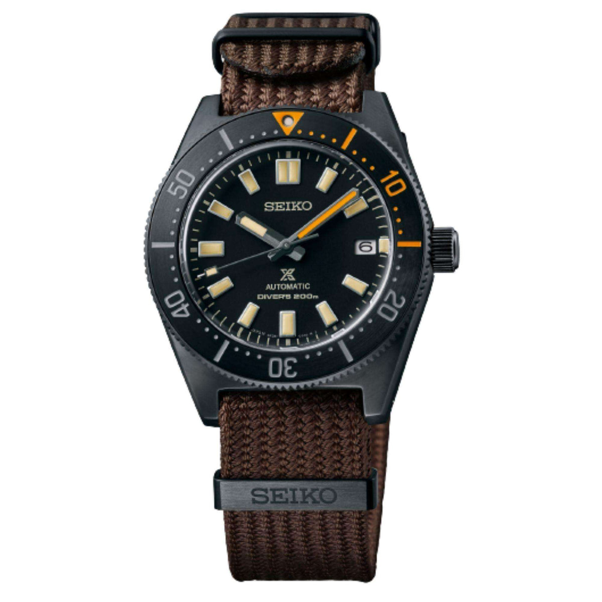 Men's Seiko automatic dive watch with black dial, brown textile strap and bezel
