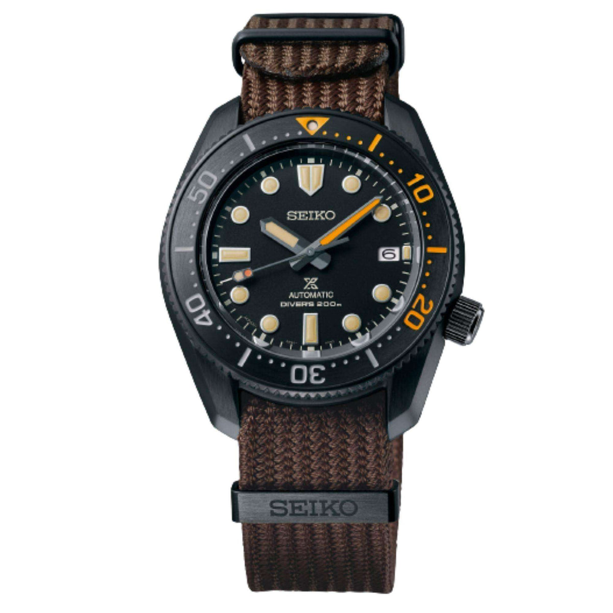 Seiko men's diver wristwatch with black dial, black case, brown textile strap