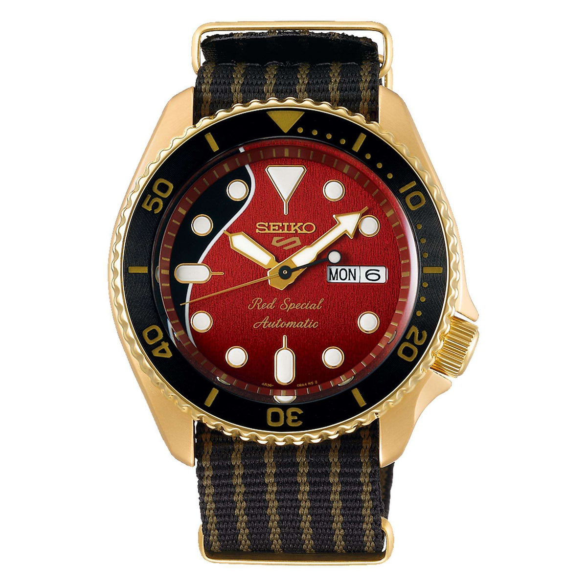 Men's gold-tone automatic watch with red dial, black bezel, and dark woven strap