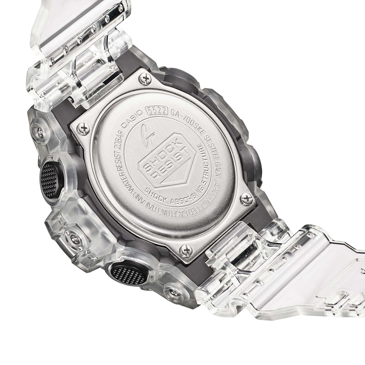 Casio G-Shock quartz watch back view with metal caseback and clear resin strap