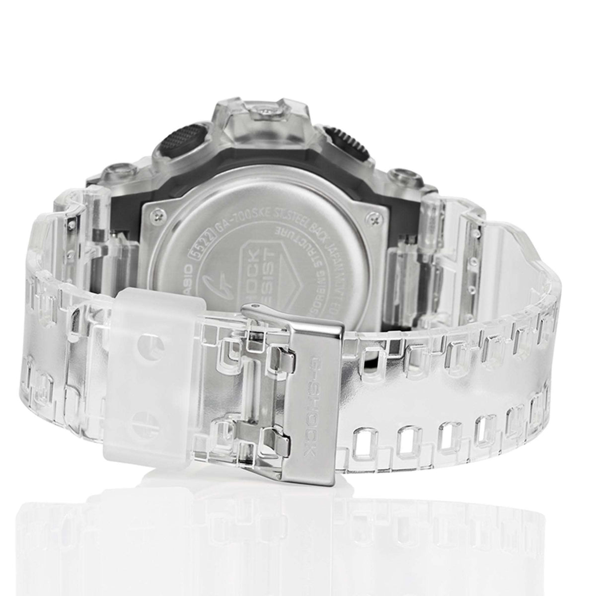 Casio G-Shock quartz watch caseback with clear resin band, rear view