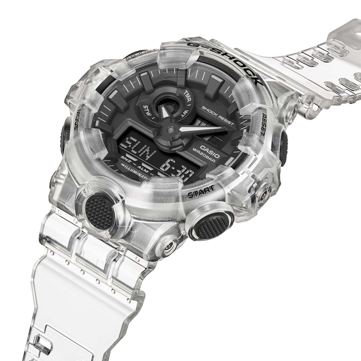 Casio G-Shock quartz watch front-left angle with black dial and clear resin strap