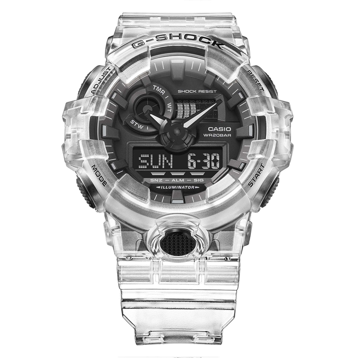 Mens Casio G-Shock quartz watch with black dial and clear transparent resin strap