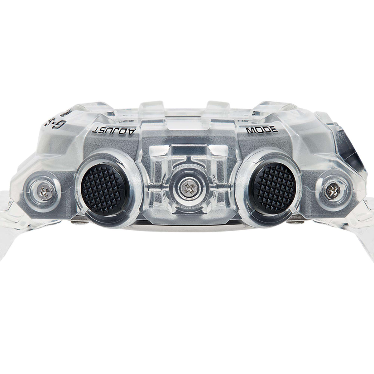 Casio G-Shock quartz watch case side with circular buttons and clear resin details