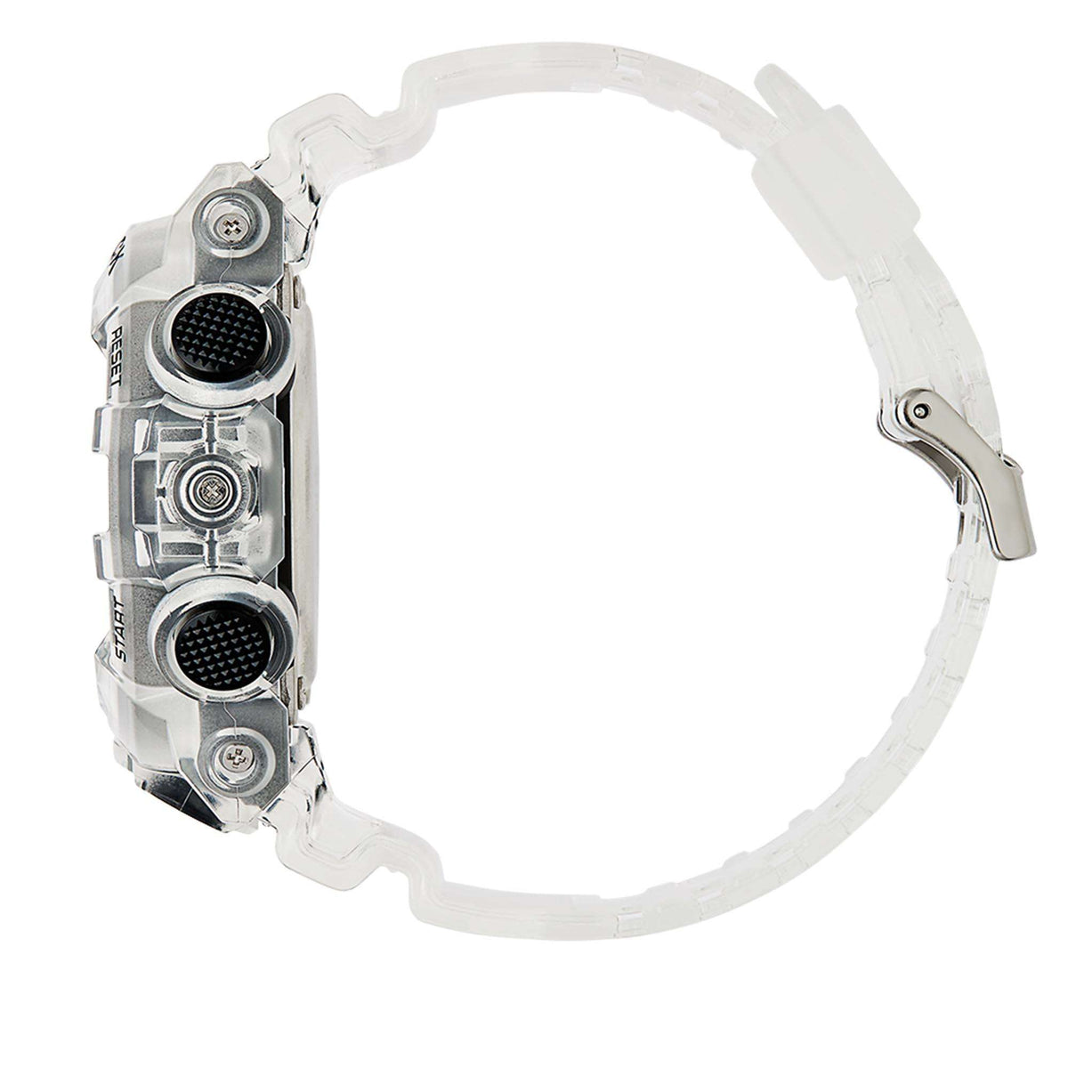 Men's Casio G-Shock quartz watch with transparent resin strap and silver case buttons
