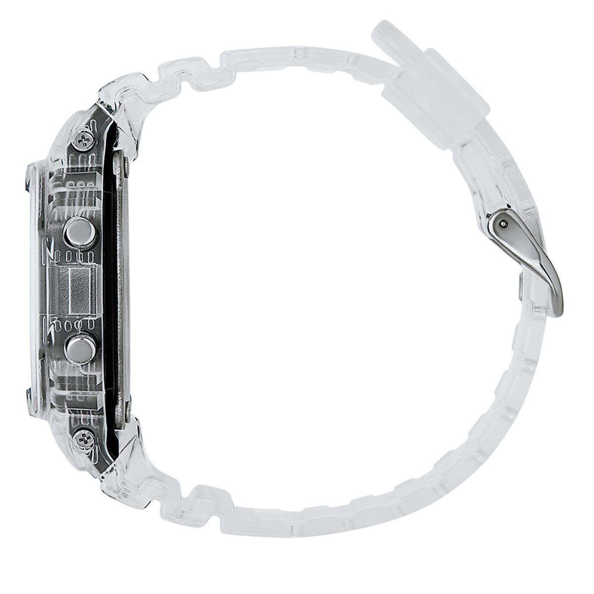 Casio G-Shock watch side view with clear bezel, buttons, and strap links
