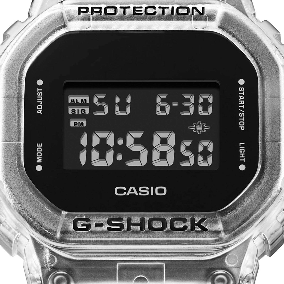 Casio G-Shock digital watch with black LCD screen and clear protective bezel