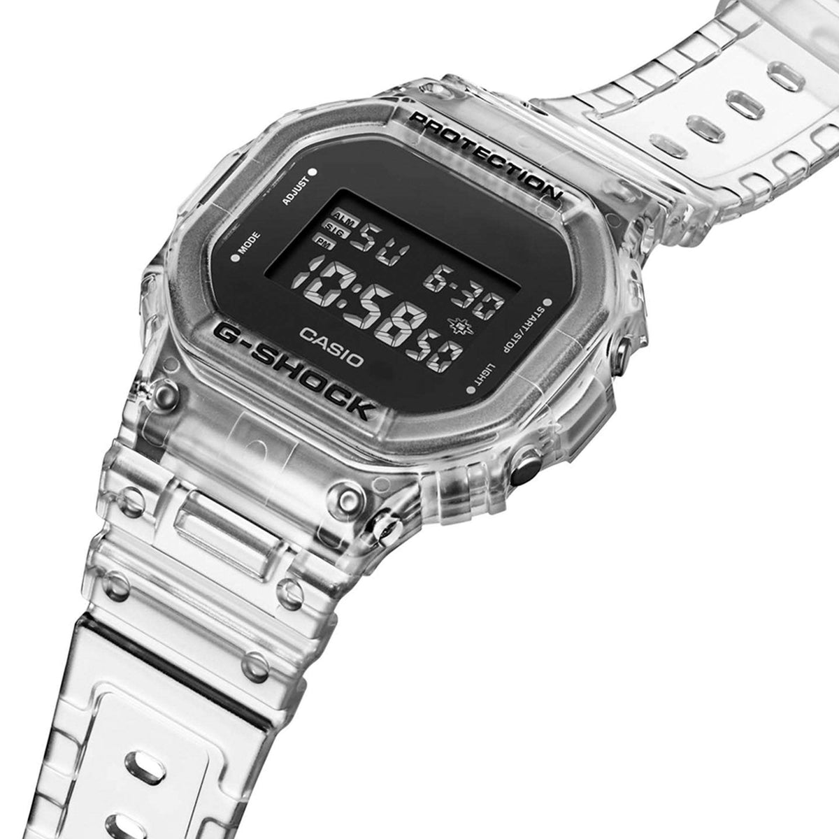 Casio G-Shock digital watch at an angle with black LCD screen and clear strap