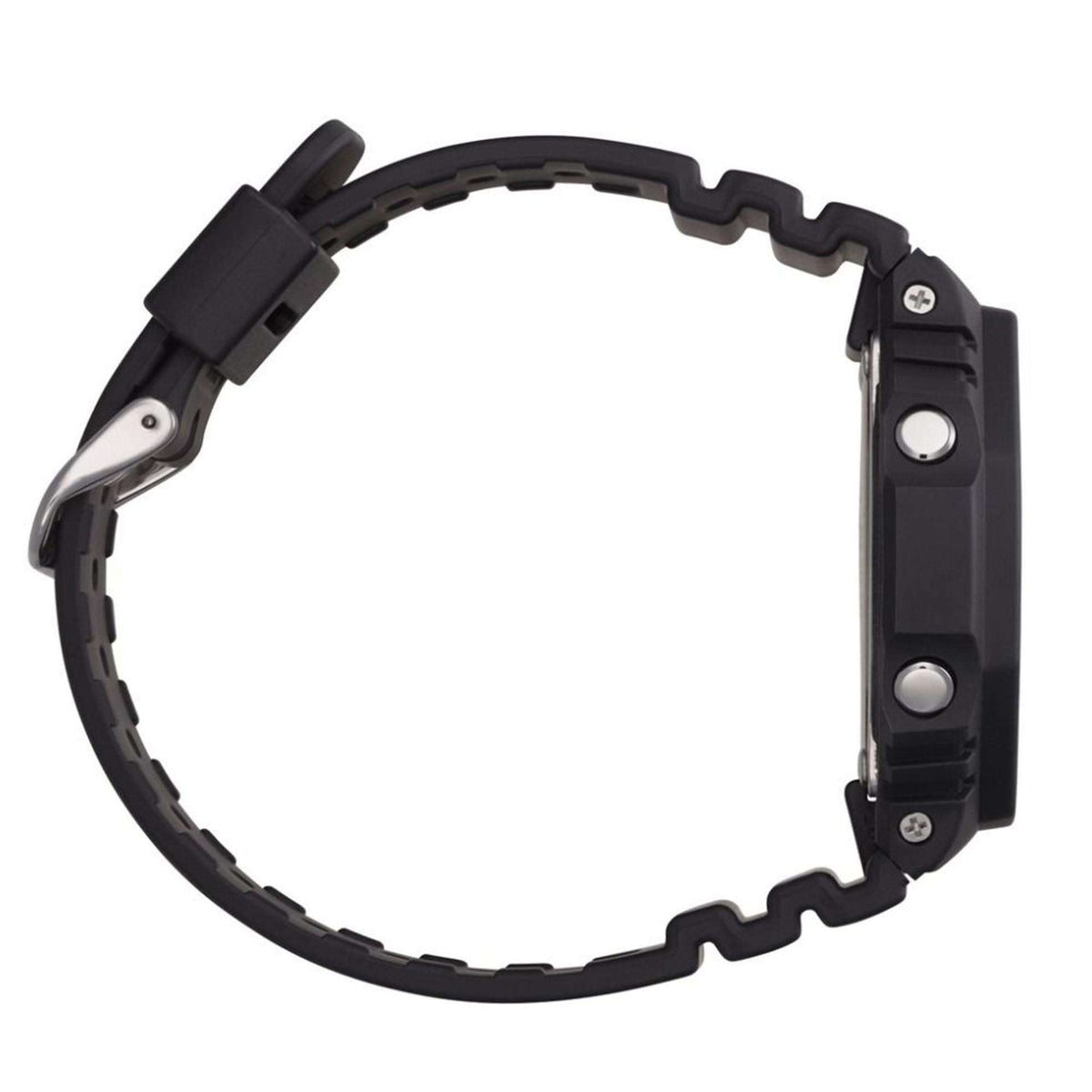Black resin watch strap with metal buckle and multiple adjustment holes