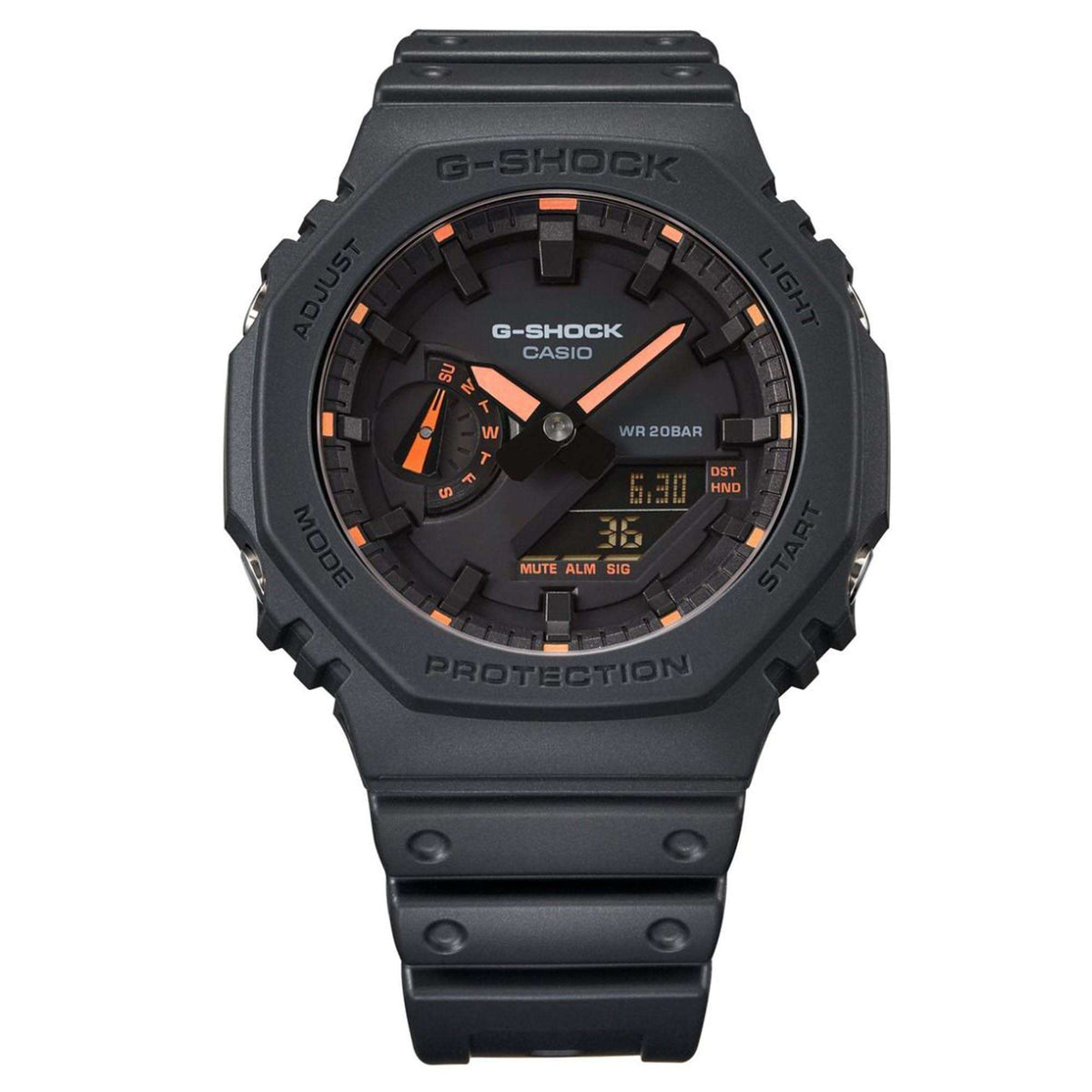 Men's dark grey octagon sports watch with textured dial, orange markers, silicone strap