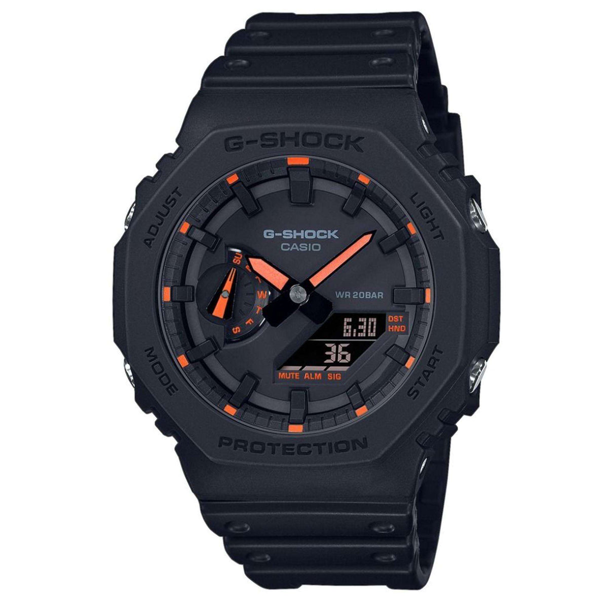 Men's dark grey digital sports watch with octagon dial, orange accents, and silicone strap